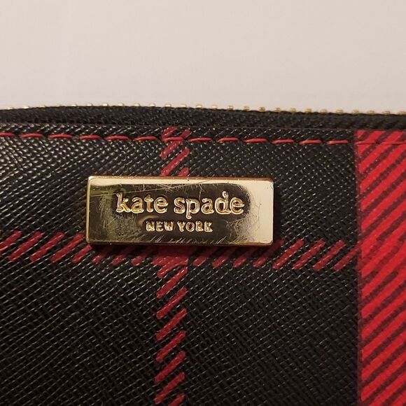 Kate Spade Red Plaid Wallet Saffiano leather zip around - Picture 11 of 12
